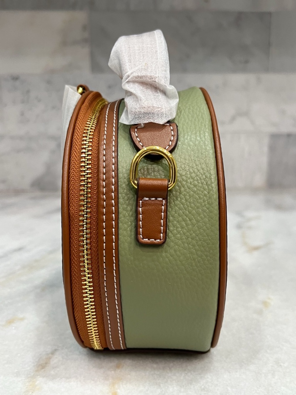 Genuine Pebbled Leather Olive and Tan Round Zippered Crossbody Bag - Picture 5 of 12
